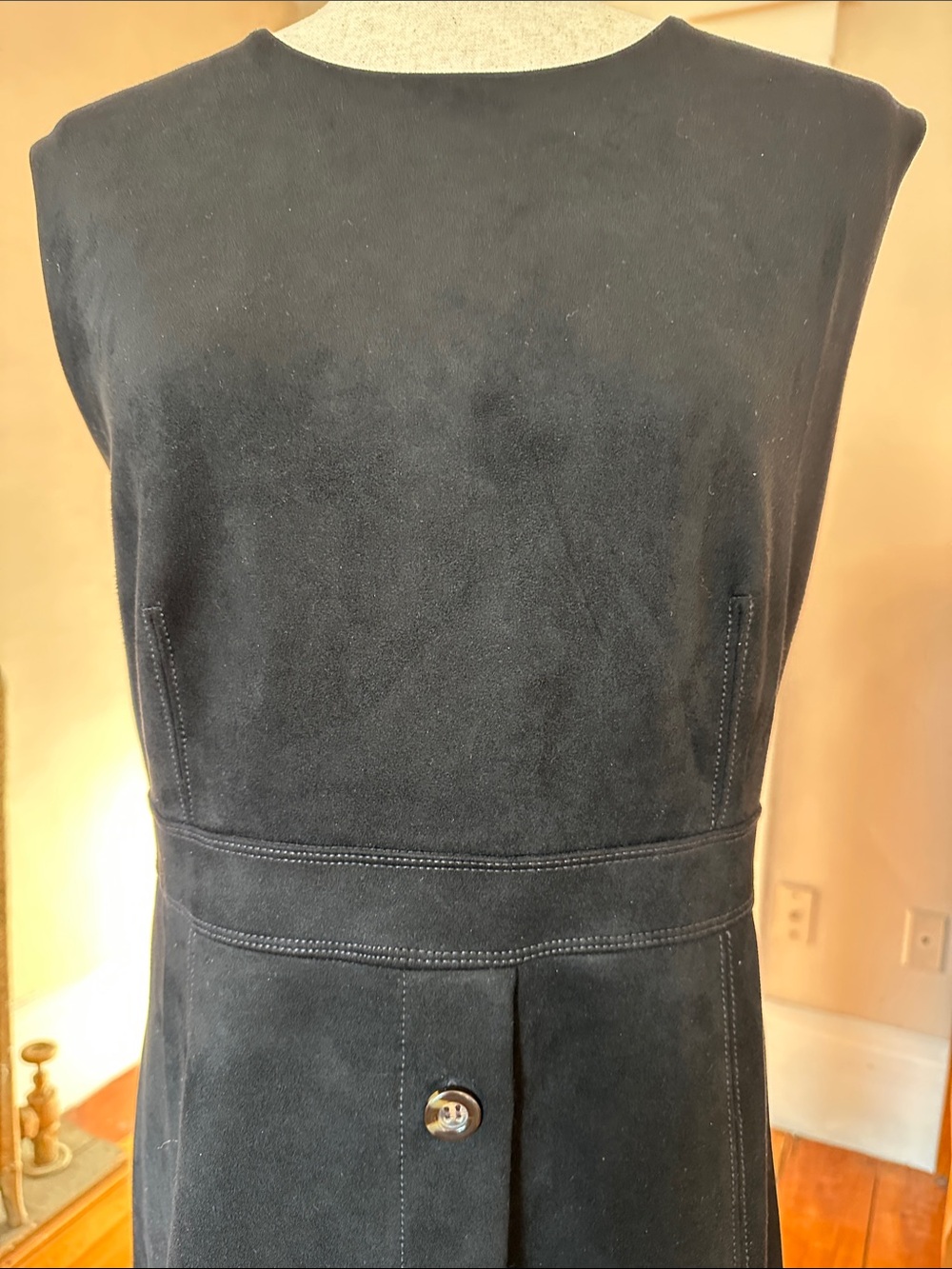 Ann Taylor Black Faux Suede Button-Front A-Line Sleeveless Midi Dress - Picture 3 of 10